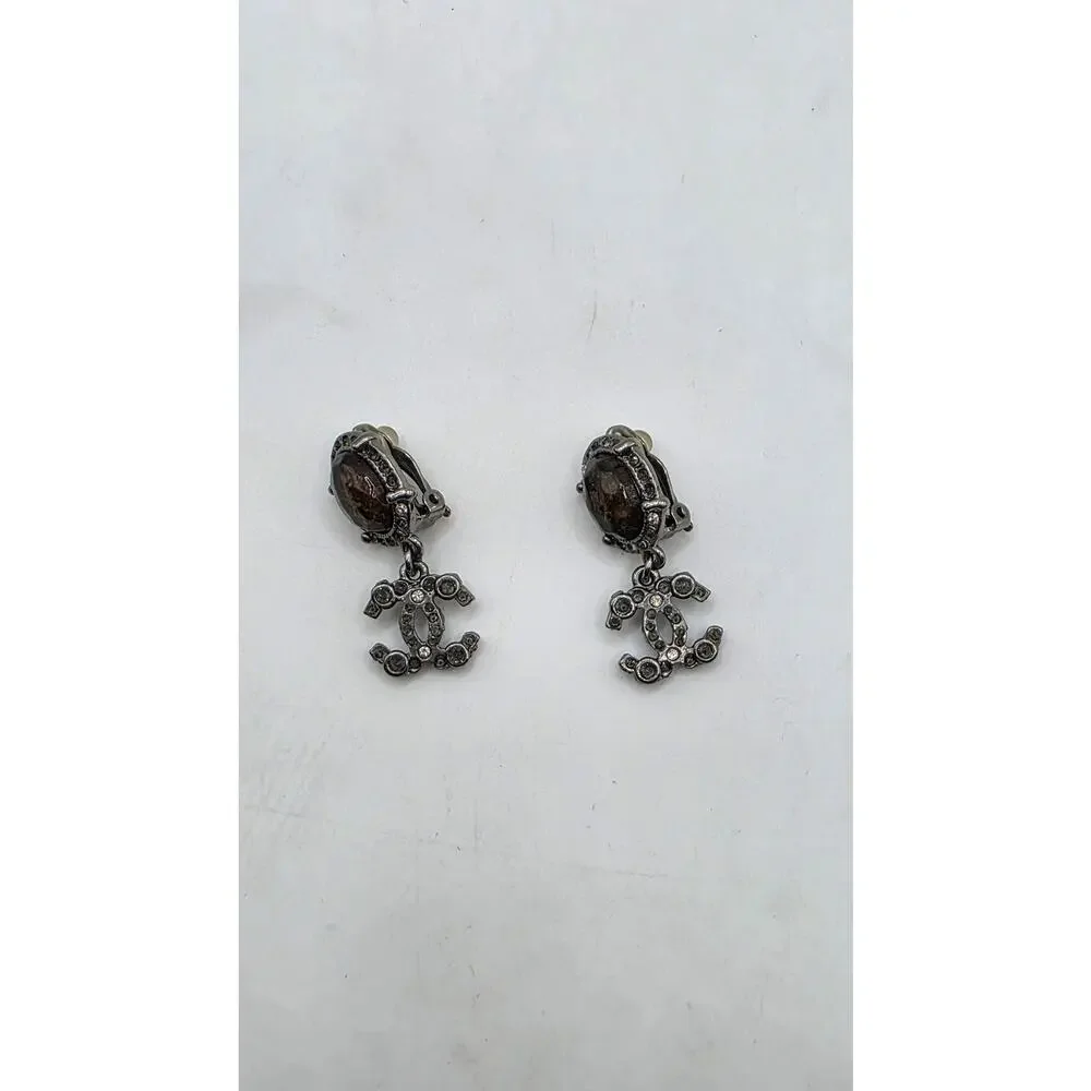 Chanel Resin Strass Silver-tone Interlocking CC Clip On Drop Earrings